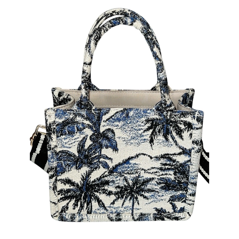 H&M Mini Tote Jacquard Tote Palm Tree Leaf Tropical Bag Crossbody Strap Blue EUC - Picture 3 of 11